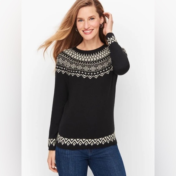 Talbots Petites Nordic Winter Fair Isle Yoke Sweater Black White Large Petite - Picture 1 of 9